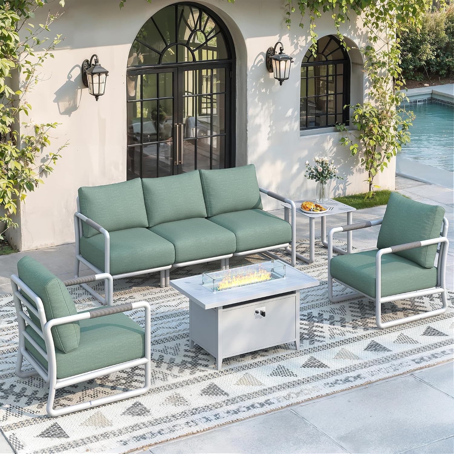 Outdoor Furniture Fire Table - 7-Piece Outdoor Aluminum Patio Furniture Set