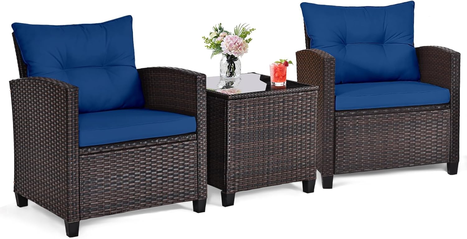 Navy blue rattan wicker 3-piec - Outdoor Furniture Cushion review and price