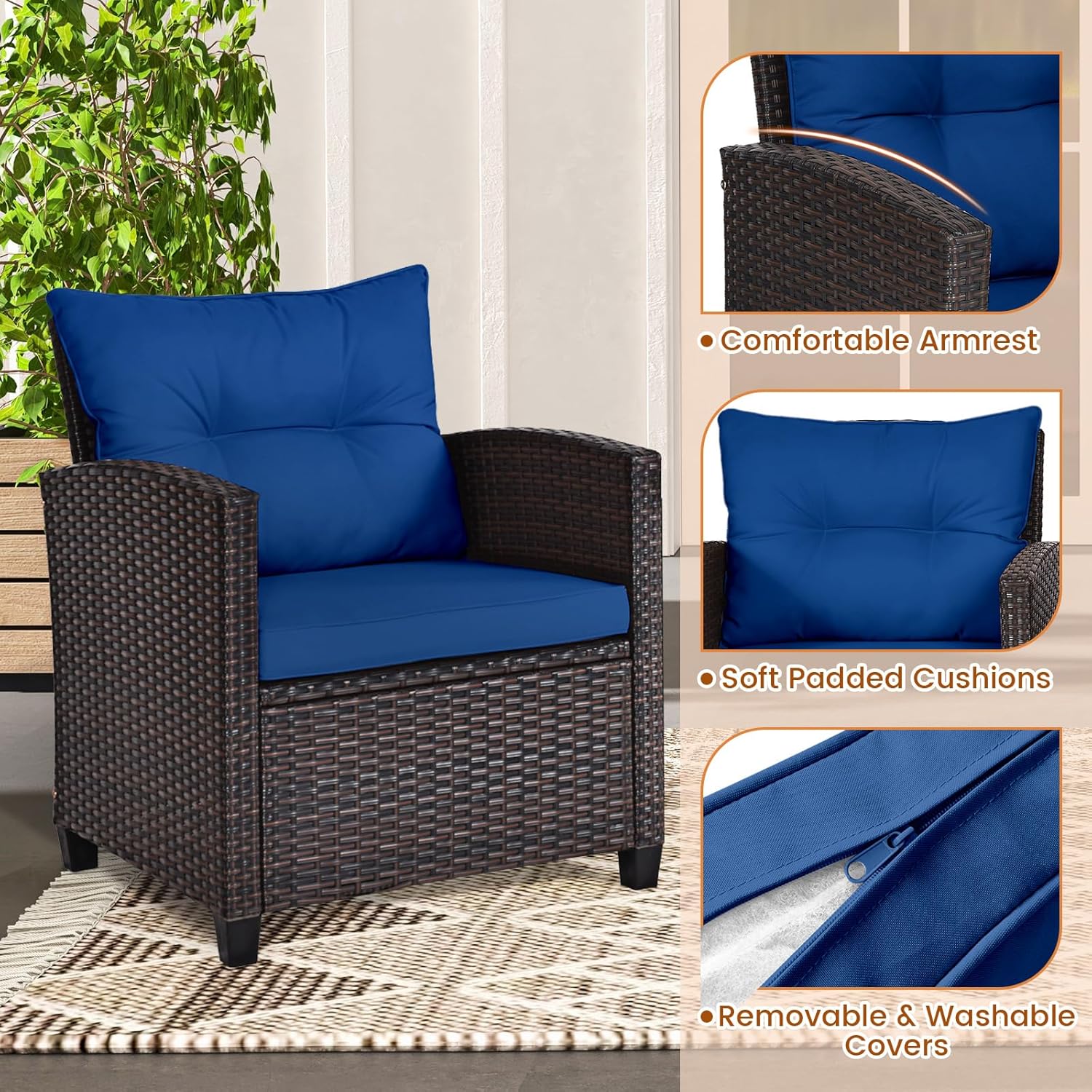 Navy blue rattan wicker 3-piec - Outdoor Furniture Cushion review and price